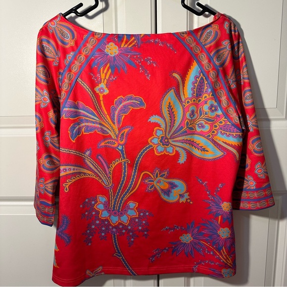 Gretchen Scott size small scuba material 3/4 length sleeve floral pink blouse - Picture 5 of 5